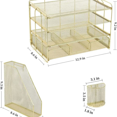 4 Tier Paper Tray Organizer With Drawer For Office Us, Gold