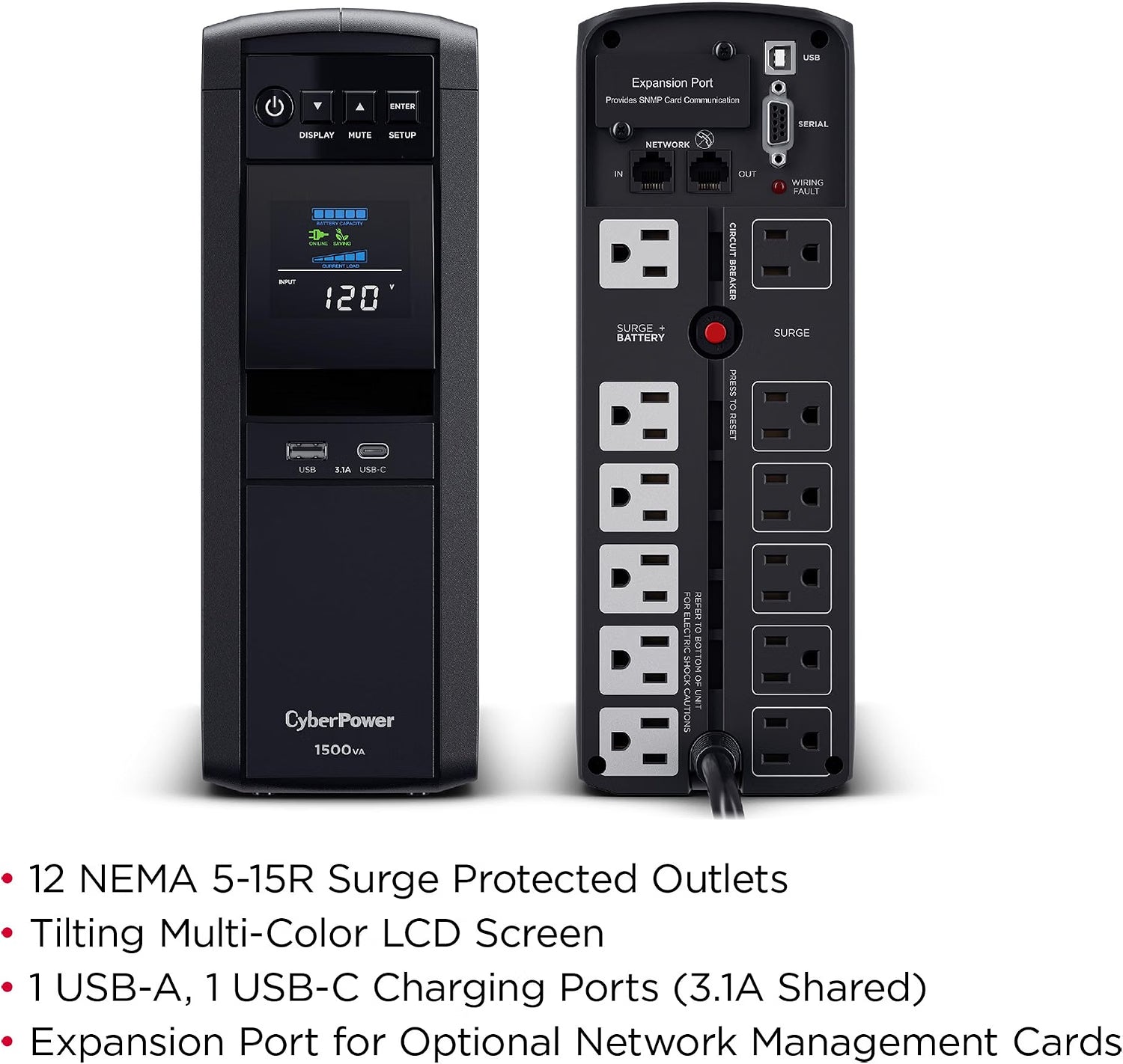 CyberPower 1500VA Battery Backup and Surge Protector front and back comparison