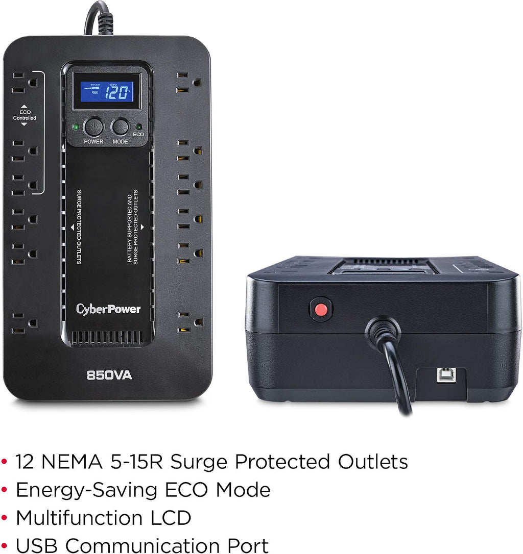 CyberPower Battery Backup with LCD Screen and 12 Outlets back and side comparison