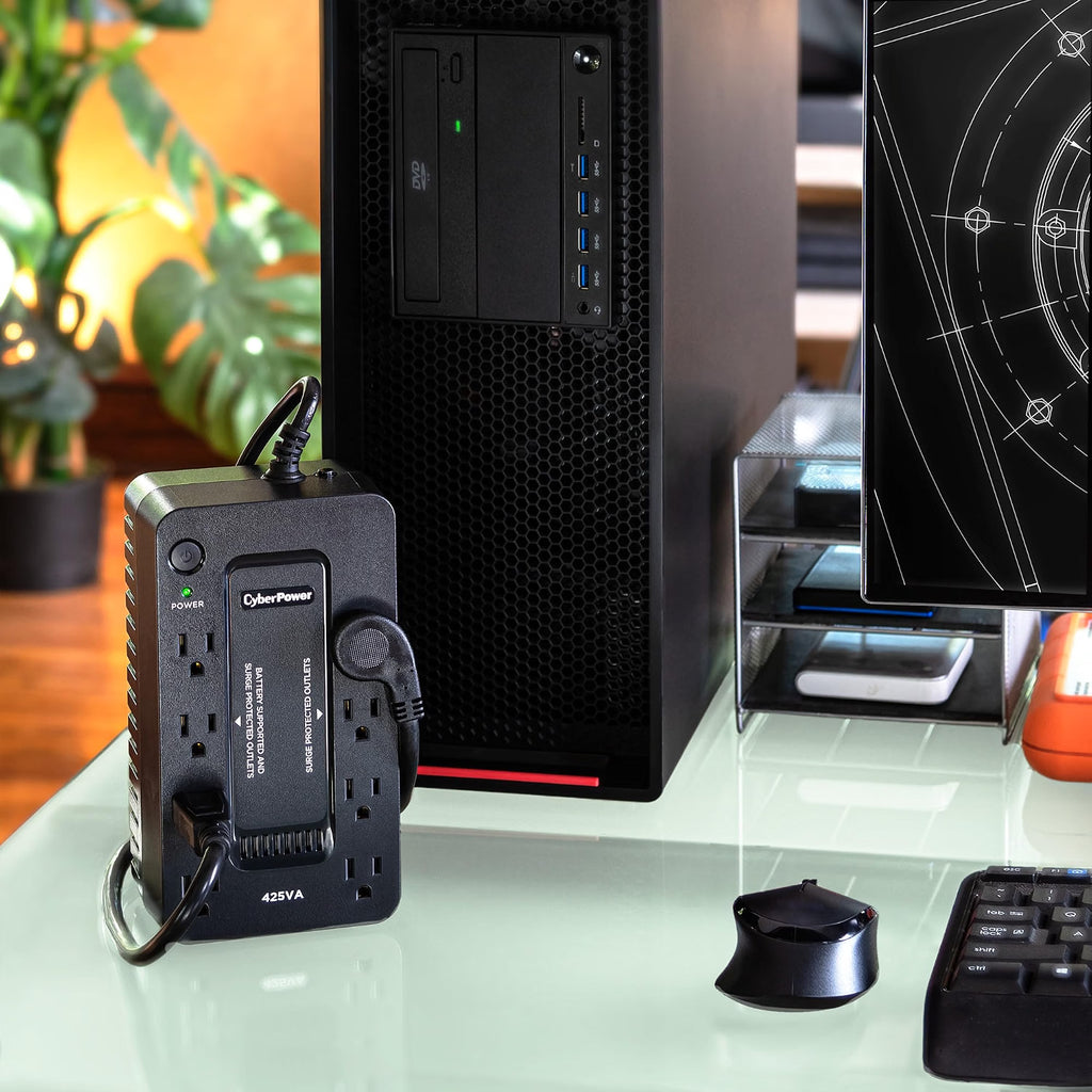 CyberPower Small UPS Battery Backup with 8 Outlets Outlet on desk