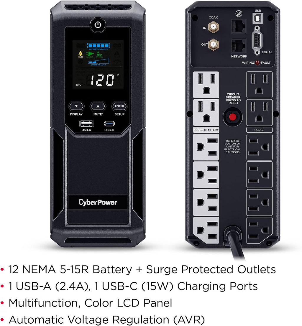 CyberPower UPS Battery Backup and Surge Protector front and back sides