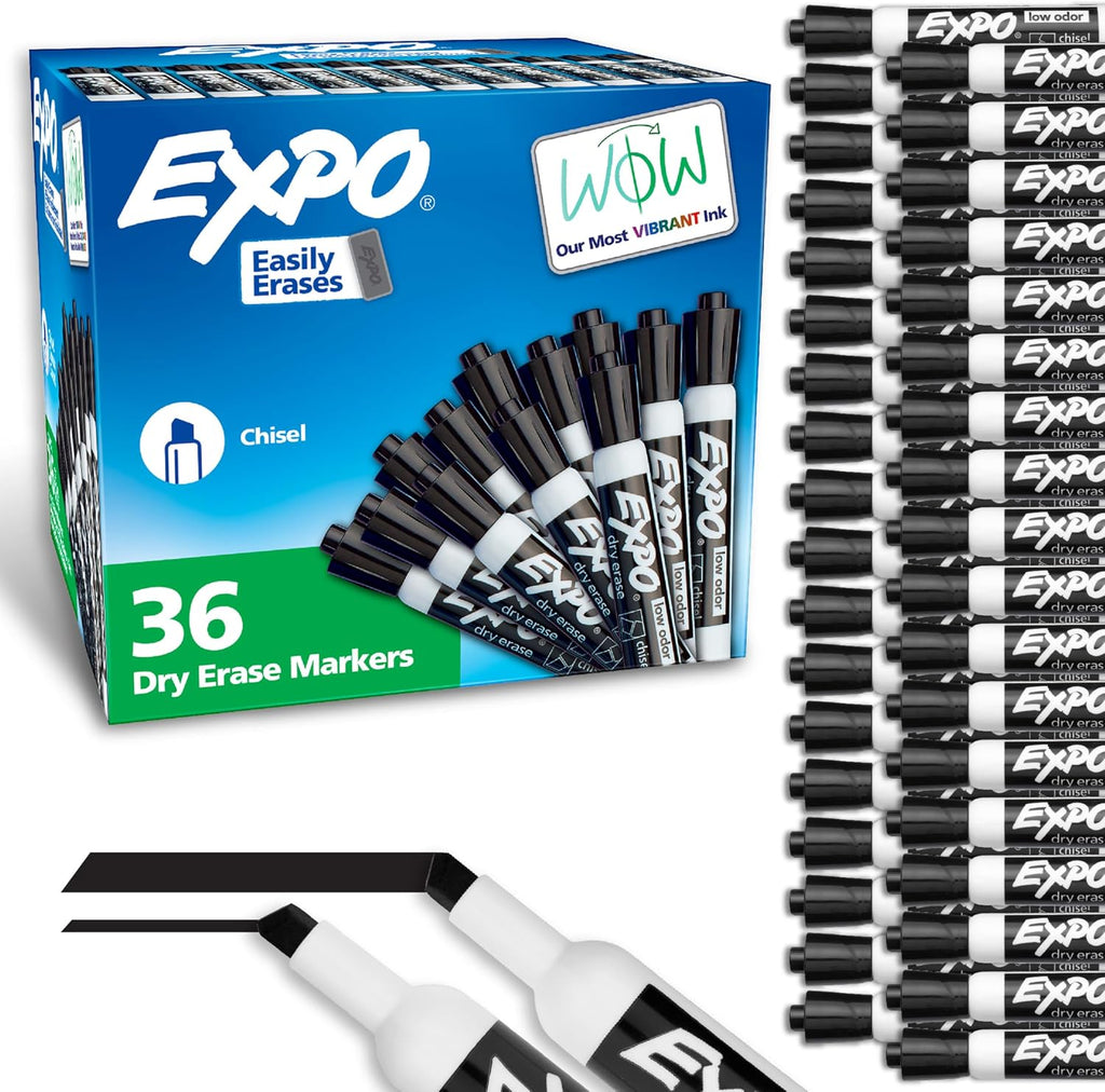 EXPO Dry Erase Markers Black, Chisel Tip, 36 Count front of box